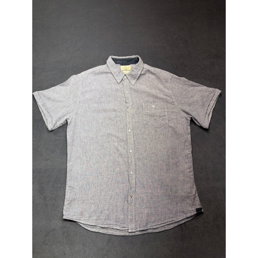 Weatherproof Vintage Linen Shirt Sleeve Button Up Mens LG Blue/White Striped
